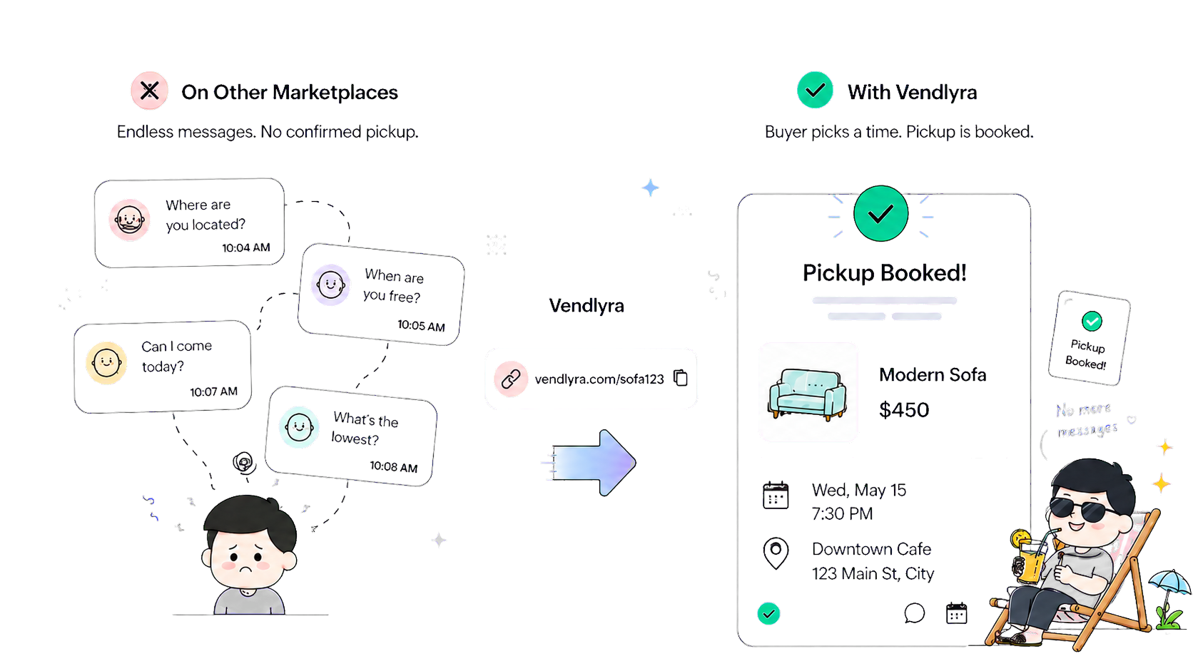 Marketplace chats compare with a Vendlyra booking flow where the buyer picks a pickup time.